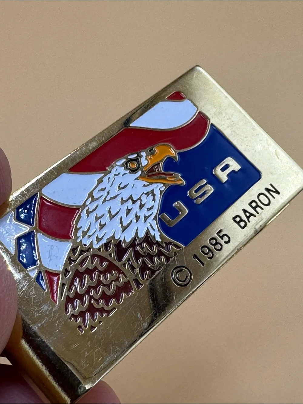 Vintage Enameled USA Eagle Money Clip 1985 Baron Gold Tone